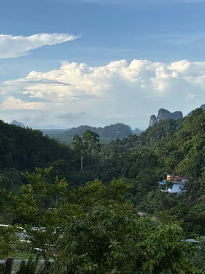 The image depicts a panoramic view of a lush, green valley with rolling hills and dramatic karst formations in the distance. A few scattered buildings, including a house with a blue roof, are nestled amongst the dense foliage. The sky is a brilliant blue, dotted with fluffy white clouds, suggesting good weather. The scene evokes a sense of tropical tranquility, likely captured in the region of Ban Tak Daet, Thailand, known for its natural beauty and mountainous landscape. The foreground is dominated by the canopy of trees, suggesting the vantage point is from a higher elevation, possibly a viewpoint or a resort. The overall impression is one of serene natural beauty.