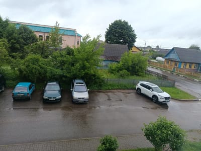 The image depicts an overcast day in Lyepyel, Belarus, with a view of parked cars on a wet asphalt surface adjacent to a sidewalk. In the foreground, a paved sidewalk with a brick pattern is visible, bordered by green bushes. A parking lot extends from the sidewalk, occupied by four cars: a blue hatchback, a dark green sedan, a silver minivan, and a white SUV. The wet asphalt indicates recent rain. Behind the parking lot, a wooden fence separates the area from a grassy strip and dense green trees. Further back, various buildings are visible, including a light pink building with a teal roof, a blue wooden house, and a yellow house with a dark roof. The sky is cloudy and grey.