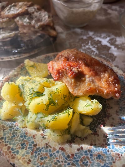 The image captures a top-down, close-up view of a meal served on a decorative plate. The primary subjects are a substantial piece of cooked meat, possibly roasted or pan-fried pork or chicken, exhibiting a rich golden-brown and slightly crispy exterior. Alongside the meat are chunks of boiled or steamed potatoes, liberally sprinkled with fresh green dill, suggesting a classic, home-style preparation.
The meal rests on a unique plate featuring a mosaic-like pattern composed of irregular geometric shapes in shades of blue, brown, and off-white. A metal fork is visible at the top right edge of the plate, casting a distinct shadow, which indicates bright, likely natural, overhead lighting.
In the blurred background to the left, a light-colored, possibly textured or embroidered tablecloth can be seen. Further out of focus, indistinct objects resembling another dish or bread, and a glass or cup, suggest a larger table setting. The overall scene depicts a prepared meal, ready for consumption, enjoyed during the daytime. The food items, particularly the dill-seasoned potatoes and simple meat preparation, align with common elements of Russian cuisine, consistent with the location context of Novoe Devyatkino, Russia. There is no visible text in the image.