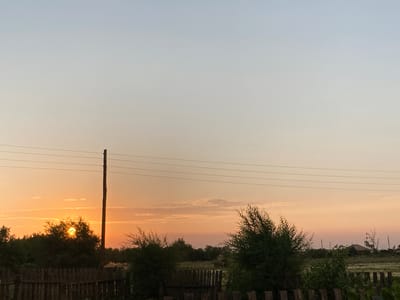 This is a photograph taken at sunset in Rakity, Russia. The image depicts a rural landscape with a wooden fence in the foreground, bordering a field of white flowers. Beyond the fence, lush green trees and bushes dominate the midground, with a prominent wooden utility pole and overhead wires slicing through the frame. The setting sun is partially obscured by the foliage of a large tree on the left, casting a warm, orange glow across the sky. The sky transitions from a pale blue at the top to hues of orange and pink closer to the horizon, with wispy clouds scattered throughout. In the distance, several houses and more trees are visible, suggesting a small village or settlement. The overall mood is serene and peaceful, characteristic of a quiet evening in the countryside. The time of day is clearly sunset, and the weather appears clear with a gentle breeze suggested by the movement of the leaves. No text is visible in the image.