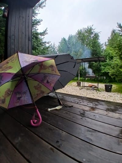 The image depicts a rainy day scene on a wooden deck with two umbrellas, one colorful and patterned with cartoon characters, and the other a solid dark color. A white plastic scoop is lying on the deck near the umbrellas. In the background, there is a metal barbecue grill with smoke rising from it, suggesting food is being cooked. The surroundings consist of green trees and a cloudy sky, indicating an outdoor setting, possibly in a residential area or a recreational park. The presence of the barbecue and the umbrellas suggests an attempt to continue an outdoor activity despite the weather. While the exact location is not specified in the image itself, if this scene were to be located in Verkhneye Dubrovo, Russia, it would be consistent with the typical weather patterns and outdoor recreational activities common in the region during certain seasons.