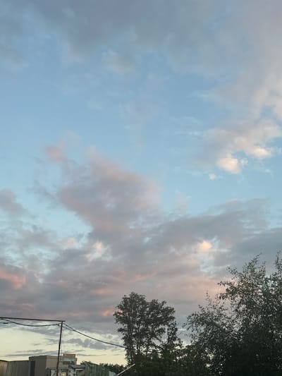 This is a vertical, eye-level, outdoor photograph of the sky with trees and some buildings. The sky is filled with clouds that are illuminated by the sun, creating a mix of light blues, grays, and pinks. Some of the clouds are wispy and thin, while others are thicker and more dramatic, suggesting a changing weather pattern.
In the upper right corner of the frame, the dark silhouettes of tree branches with leaves are visible against the sky. Lower down on the right side, parts of buildings and a utility pole with wires are visible. One building appears to be a light color, possibly concrete, and another has a darker facade. There is a sign on the side of a building with some text that is partially obscured. The overall lighting suggests it is either early morning or late afternoon, as the sun is low in the sky and casting a soft glow. The scene evokes a sense of tranquility and the beauty of a natural sky display. The location is Verkhniy Yurt, Russia.
