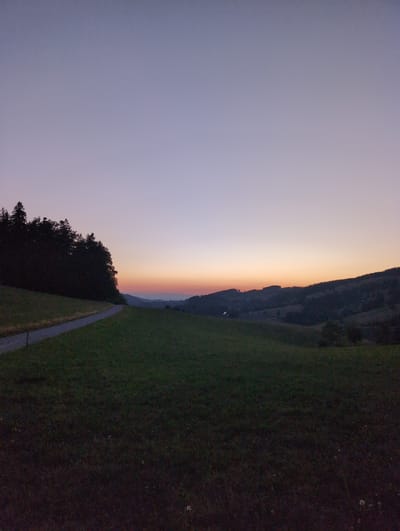 An outdoor, wide-angle, low-light photograph captures a rural landscape at dusk in St. Peter, Germany. A gently sloping, dark green grassy field dominates the foreground. A narrow, grey asphalt path winds through the field from the left side of the frame towards the background, bordered by a thin white fence line on the left.
To the left of the field, a dense line of dark, silhouetted pine trees forms a prominent visual element. Beyond the trees and the field, rolling hills covered in vegetation and trees recede into the distance. The sky above transitions from a pale, light purple near the horizon to a deeper, muted purple towards the top of the frame. A subtle band of orange and pink hues is visible along the horizon, indicating the last vestiges of sunset. The overall atmosphere is serene and quiet, characteristic of twilight in a rural setting.