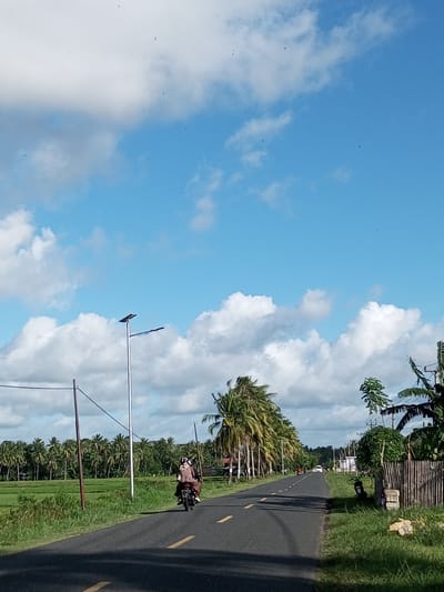 The image depicts a rural road in Tocina, Indonesia, on a bright, partially cloudy day. The road is paved and has yellow dividing lines. A motorcycle with two passengers, both wearing head coverings, is traveling away from the camera. On the left side of the road, there are green rice fields bordered by a dense line of palm trees. A modern street lamp with a solar panel is visible on the left. On the right side, there is a wooden fence, grass, and more vegetation, including what appear to be banana trees. In the distance, other vehicles are visible on the road, and more palm trees line the horizon. The sky is a vibrant blue with scattered white clouds.