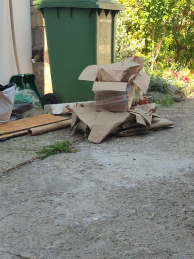 This is a medium-shot, outdoor, daytime photograph of a pile of discarded cardboard boxes and packing materials situated on a concrete surface. The materials are in varying states of disarray, with some boxes open and others crushed. A large, green refuse bin is visible in the background to the left, with trees and foliage behind it to the right. A rusty metal rod lies on the ground in the foreground, partially covered by a small patch of green weeds. The setting appears to be an urban or suburban area, possibly a back alley or a service area for a building. No people are visible in the frame. The image captures a scene of refuse disposal in what is identified as Cherkasy, Ukraine.