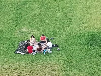 A group of seven people are having a picnic on a grassy area. The group consists of four females and three males, with ages appearing to range from late teens to early twenties. They are sitting on a patterned blanket spread on the grass. Some are wearing t-shirts and shorts, while others are in tank tops and skirts. There are shoes and what appears to be a backpack and some food items scattered around the blanket. The environment is an open, grassy field, likely a park or common area, under natural daylight.