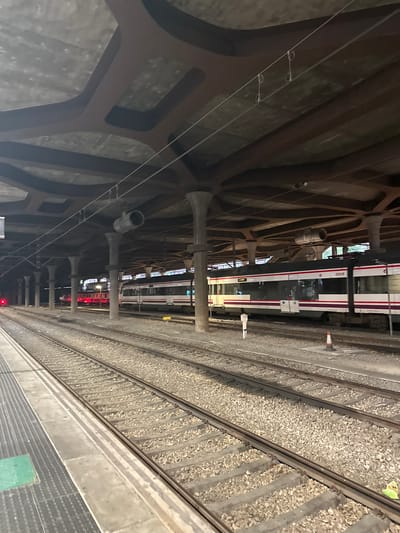 The image depicts a train station platform in Oviedo, Spain, characterized by its distinctive vaulted ceiling and supporting pillars. The platform itself, made of concrete with textured lines and a green square marking, is in the foreground, adjacent to multiple train tracks covered in gravel. Two trains are visible on the tracks: one is a white and red passenger train with the number "205 R" clearly marked, and another train further in the background appears to be illuminated with red lights. The overall environment suggests a covered, possibly underground or indoor, train station with artificial lighting. The scene is static, with no people actively engaged in any interactions.