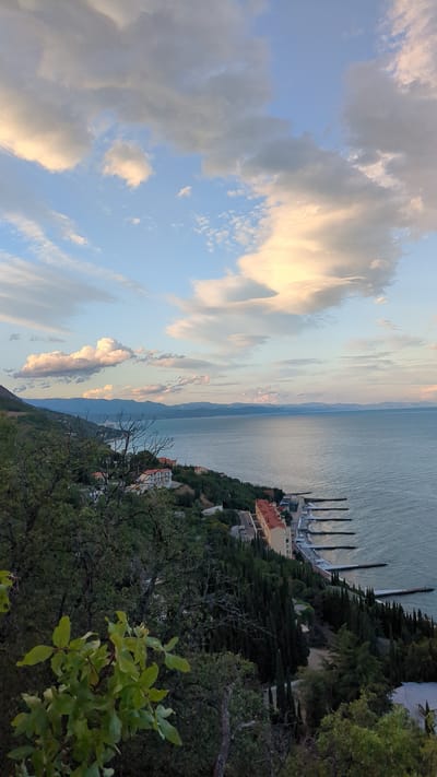 This is an aerial, wide-angle, landscape photograph captured in Malyi Mayak, Ukraine. The image depicts a coastal scene under a partly cloudy sky. The foreground is dominated by dark green foliage, primarily trees, with some lighter green leaves prominent on the left side.

In the middle ground, a town or resort area is visible along the coastline. Buildings with terracotta-colored roofs and light-colored facades are situated on a hillside, interspersed with dense evergreen trees, likely cypress. A road runs through the town, with parked cars visible. Several piers or jetties extend into the sea from the coastline.

The background features a calm, blue sea that stretches to the horizon. In the distance, a mountain range is faintly visible, shrouded in a soft, atmospheric haze. The sky is a blend of blue and white, with large, fluffy clouds that are tinged with the warm hues of sunset or sunrise, suggesting it is either early morning or late evening. The overall impression is one of a serene coastal landscape with a developed resort area nestled into the natural environment. There are no people or specific actions depicted in the image.