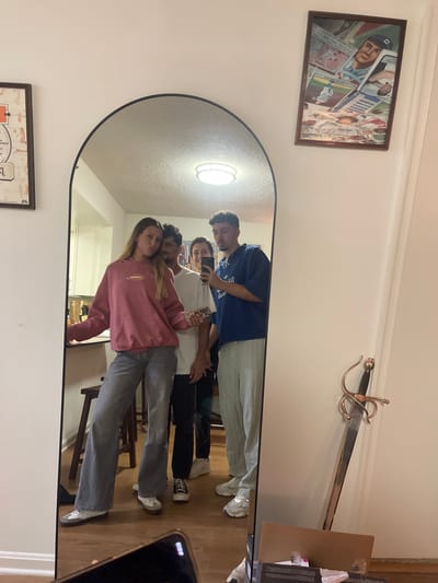 The image displays an indoor residential scene, capturing four individuals in a selfie reflected within a large, arched mirror with a thin black frame. The specific location within Arlington, United States, is not discernible from the visual information.
From left to right within the mirror's reflection:
1. A female with long blonde hair, wearing a pink hooded sweatshirt and grey wide-leg pants with white sneakers, stands with a slight pout, her right hand holding several small white cards or papers. Her left arm is extended to her side.
2. A male with dark, curly hair, wearing a white t-shirt and dark pants with black and white sneakers, stands behind the first female, looking forward.
3. A female with short dark hair and a dark top is partially visible behind the male to her right, smiling towards the camera.
4. A male with short dark hair, wearing a dark blue short-sleeved polo shirt and light-colored striped pants with white athletic shoes, holds a black smartphone directed at the mirror to capture the reflection. He is observing the phone's screen.
The room features white walls and light-colored wooden flooring. A circular, flush-mount ceiling light fixture is reflected above the individuals. To the left of the mirror, a framed artwork in red and white tones is mounted on the wall. To the upper right, a framed print depicting a baseball player in a blue cap, surrounded by baseball cards, hangs on the wall. A decorative sword with a bronze-colored hilt and a dark blade leans vertically against the wall to the right of the mirror. A brown cardboard box is partially visible on the floor in the bottom right corner, adjacent to the mirror.