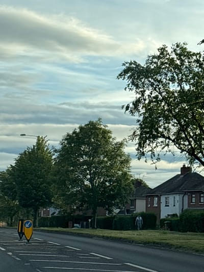 The image shows a street scene in South Staffordshire, United Kingdom. In the foreground, a road with white lane markings is visible. To the left, a yellow and blue traffic bollard with a white arrow pointing left is placed on the road. Further down the road, several trees line the pavement, with houses visible behind them. One of the houses is a semi-detached property with red brick and white painted sections, featuring multiple windows and a dark tiled roof. A person dressed in light-colored clothing is standing on the grass in front of the houses, facing towards the right. The sky above is filled with a mix of white and gray clouds, suggesting an overcast or partly cloudy day. A lamppost can be seen amongst the trees on the left side of the image. The overall impression is a suburban residential street.