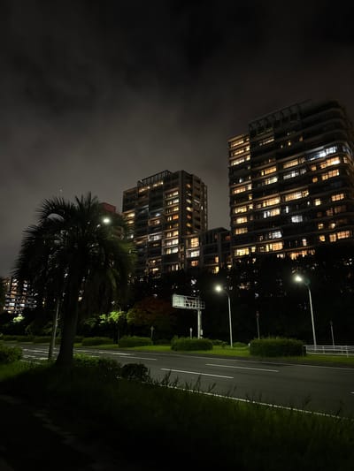 This is a night-time, low-angle, vertical shot of a modern apartment complex in the city of Chiba, Japan. Two tall, multi-story buildings with numerous illuminated windows dominate the background. In the foreground, a paved road with white lane markings runs horizontally across the image, bordered by a grassy area and bushes. A mature palm tree stands on the left side of the road. Streetlights illuminate the scene. The sky is dark and cloudy.