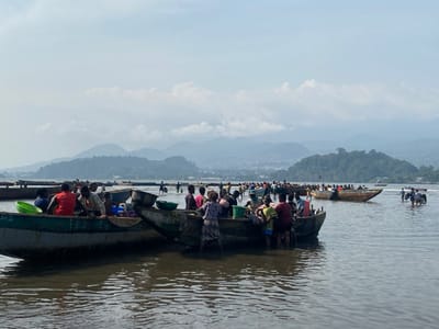 This panoramic image captures a vibrant and busy waterfront scene in what appears to be a bay or estuary in Victoria, Cameroon. Numerous people, predominantly adults, are gathered in and around multiple small, traditional wooden boats. The boats, some painted green or other muted colors, are crowded with individuals and containers like plastic buckets and basins. Many people are standing in the shallow, murky water, wading between vessels or towards the unseen shore.
The primary activity taking place appears to be a communal event related to transportation, fishing, or a market exchange. People are seen loading or unloading goods from the boats, congregating, and moving with purpose. The sheer number of individuals and boats suggests a bustling hub of activity.
The time of day is daytime, under an overcast or hazy sky, casting a soft, diffused light across the scene. In the background, a series of verdant hills and mountains rise, some with scattered buildings faintly visible, characteristic of a coastal or lakeside community. The water is calm, reflecting the muted light. On the side of the large green boat in the foreground, faint, illegible white text, possibly a registration number or name, can be seen. The overall atmosphere is one of communal industry and daily life in a tropical coastal setting.