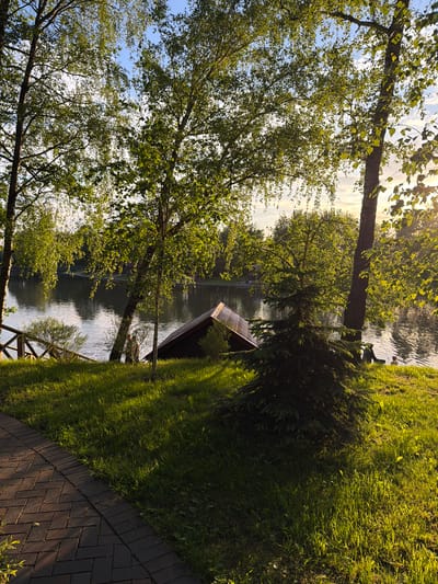 The scene is a lakeside view at what appears to be a park or recreational area. The location is likely in Polivanovo, Russia. In the foreground, a brick-paved pathway borders a grassy bank that slopes down towards the water's edge. A small, partially submerged boathouse is visible on the bank. The water surface is rippled, reflecting the surrounding trees and sky. Several trees with green foliage frame the view, some growing along the bank and others further back, creating a layered effect. The lighting suggests either early morning or late afternoon, with the sun casting strong shadows and illuminating parts of the scene. A wooden fence and some shrubbery are also visible along the edge of the grassy area. There are no people directly visible.