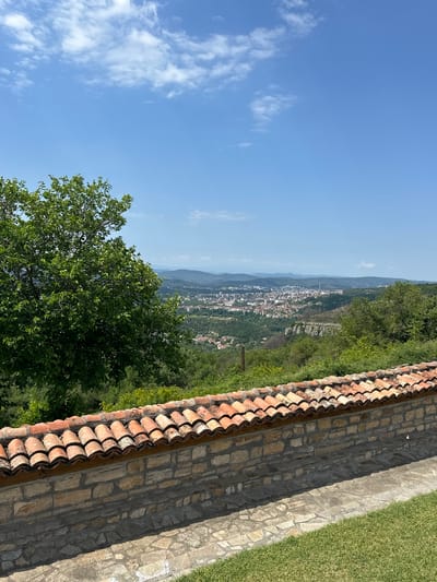 This media file presents a scenic overview of the village of Arbanassi, Bulgaria, from an elevated vantage point. The scene is bathed in bright daylight, indicating it was captured during the daytime, likely mid-morning to early afternoon, given the clear blue sky with scattered white clouds and the strong shadows cast by the wall. The weather appears to be sunny and pleasant.
The foreground features a traditional tiled roof, characteristic of the region's architecture, and a rough-hewn stone wall that runs along the edge of the viewpoint. Adjacent to the wall is a neatly manicured patch of green grass. The middle ground is dominated by lush, green trees, with one large, leafy tree prominently positioned to the left. Beyond the trees, the village of Arbanassi unfolds across a hillside, with a dense cluster of houses featuring red-tiled roofs. The buildings appear to be a mix of traditional and more modern structures, nestled amongst the verdant landscape. In the distance, rolling hills and mountains fade into a hazy blue, suggesting a vast and expansive natural setting.
There are no people or specific activities visible in the image. The overall mood conveyed is one of tranquility and natural beauty, offering a glimpse into the picturesque surroundings of Arbanassi. No visible text is present in the media file.