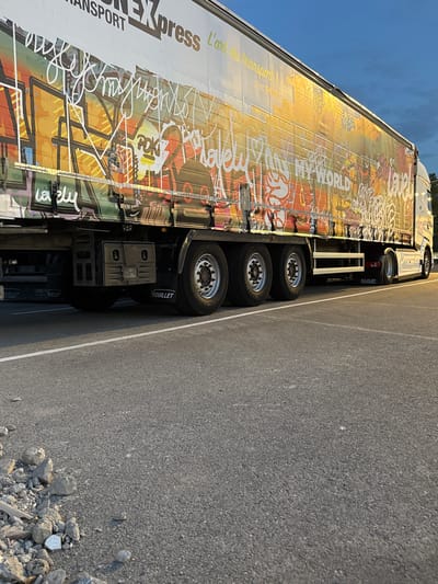 An outdoor, ground-level, eye-level medium shot captures the side of a large, white semi-trailer truck with extensive graffiti artwork covering its trailer. The graffiti features an eclectic mix of lettering and designs in vibrant colors, including orange, yellow, green, and black, interspersed with white scribbled lettering. Text visible on the trailer includes "MY WORLD" and "Lovely". The truck is parked on a gray asphalt surface, marked with white lines, likely in a parking lot. The background shows a dusky blue sky with some clouds, suggesting late evening or early morning. The lower portion of the image reveals the truck's wheels, chassis, and a toolbox. In the foreground, to the left, a pile of gray rocks and debris is scattered on the asphalt. The scene is devoid of people, and no discernible actions or interactions are taking place. The truck's branding on the side of the trailer, partially obscured by graffiti, includes "TRANSP..." and "EXpress". Further branding on the lower rear of the trailer indicates "DAF". On the chassis, the text "TROUILLET" is visible multiple times. A sign on the side of the trailer box reads "FA 529 FV". The overall impression is a static scene of a parked truck adorned with urban art.