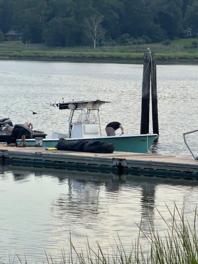 An eye-level, full shot captures a man in a black t-shirt and grey shorts leaning over the side of a teal boat docked at a wooden pier. The boat has a white console, a canopy, and fishing rod holders. Two jet skis are parked on the pier behind the boat, with various equipment including a black tarp and a red life preserver. The pier extends into calm, grey water reflecting the overcast sky and the surrounding greenery. In the background, a densely wooded shoreline with a few houses is visible. The scene is set in the Village of Bayville, United States of America.