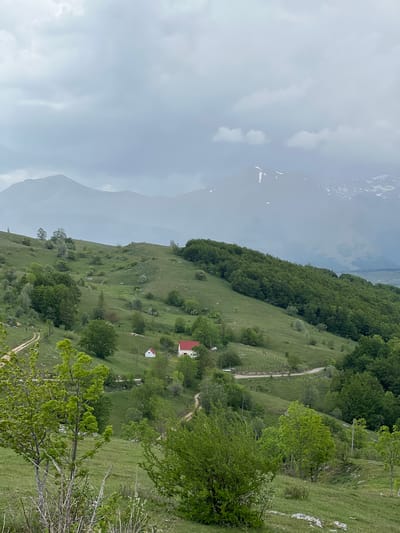 The scene shows a hillside in Pišče, Montenegro under overcast skies. Lush green vegetation covers the slope, dotted with trees and a line of dense forest along the upper edge. A dirt track winds up the hillside. Two small structures are visible, one with a red roof and another with a white roof, nestled into the terrain. In the distance, mountain peaks fade into the cloudy sky.