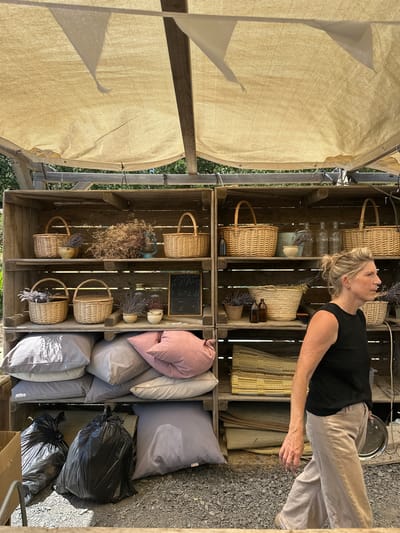 A blonde woman with her hair in a bun, wearing a black sleeveless top and light-colored pants, walks past a display of goods at a market stall. The stall is set up under a light-colored fabric awning and features wooden shelves filled with woven baskets, dried flowers, bottles, pillows, and rolled-up mats. The background shows trees and foliage, suggesting an outdoor setting. The scene appears to be located in the Golan Regional Council, Israel.