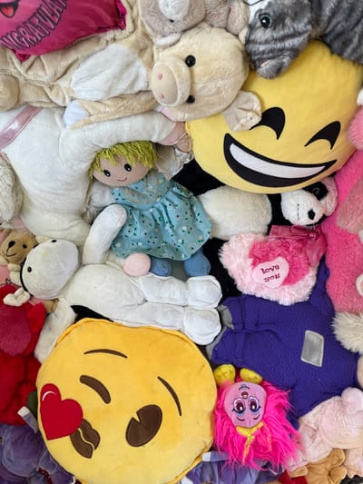 The image shows a collection of stuffed animals and plush toys piled together. There's a gray striped cat, a yellow emoji-style pillow with a smile, a panda bear, a purple Teletubby, a pink-haired troll doll, a white unicorn doll with blonde hair, and another yellow emoji pillow with a heart. Other items include a pink heart-shaped pillow, a teddy bear, and a doll in a blue floral dress. The background suggests that these items are in a storage area or a pile awaiting sorting. There is no information to support it being in the city of Groningen, Netherlands.