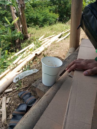 The scene is set outdoors in Cibeureum, Indonesia, featuring a rustic wooden structure amidst natural vegetation. A human hand, with a medium skin tone, is visible in the right foreground, holding a dark-colored cigarette between its index and middle fingers. The hand rests on corrugated cardboard sheets that cover a horizontal wooden beam. To the left of the hand, a white paper cup, stained with brown residue inside and marked with two green horizontal lines on its exterior, sits on an exposed section of the same wooden beam. Below the wooden structure, a pair of dark, two-strap sandals with patterned accents lies on the dirt ground, adjacent to a discarded translucent white plastic bag. The background consists of dense green foliage, including trees and bushes, with several long, light-colored bamboo poles scattered on the ground. A partial view of a dead banana tree trunk is visible on the far left. A black bag is partially suspended from a vertical wooden post on the far right.