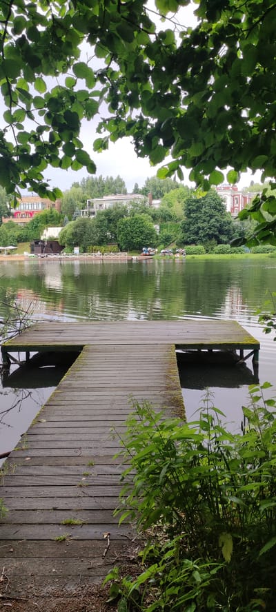 The image shows a wooden pier extending into a calm body of water. Lush green foliage from overhanging trees frames the top of the scene. Across the water, a residential area is visible, featuring several houses with distinct architectural styles, including red-brick and white facades, nestled among dense greenery. Some of the houses appear to be multi-story villas. A small beach area with a few loungers and a pier structure is also present on the far bank, along with several small boats or kayaks docked. The water reflects the overcast sky and the surrounding landscape. The pier itself is weathered and shows signs of age, with some moss growing on its surface. The foreground is partially obscured by tall green plants. The overall scene depicts a tranquil lakeside setting in a suburban or semi-rural environment, likely Angelovo, Russia, given the architectural style and landscape.