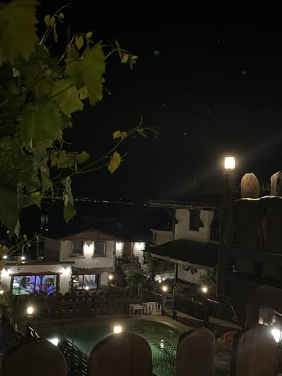 The image captures a nighttime scene in Medovo, Bulgaria, likely a restaurant or resort area, with a view overlooking a body of water and a distant, illuminated shoreline. In the foreground, leafy branches of a vine hang down from the upper left, obscuring parts of the scene. The middle ground features a swimming pool with turquoise water, surrounded by a rustic wooden fence and illuminated by several small, square lanterns. Beyond the pool, a white building with a dark-tiled roof is visible. This building has multiple windows, some of which are brightly lit, revealing interior details, and is further adorned with external lighting fixtures. To the right of this building, another structure with a similar architectural style is partially visible, featuring a large wooden fence-like element with a lit lantern on top. The background is dominated by a dark night sky, with a faint line of distant lights suggesting a town or city across the water. Scattered small, bright specks are present in the sky, possibly reflections or distant lights.