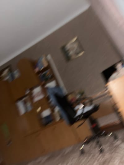 The image depicts an interior scene, possibly a room in a residential or office setting. The view is slightly angled, and the image is out of focus, making precise identification of objects difficult. A wooden desk or shelving unit is visible on the left, with several items placed upon it, some of which appear to be books or binders. A framed picture hangs on the wall in the background. In the foreground, a chair with a dark fabric seat and a metal base with wheels is partially visible. The lighting suggests an indoor environment, possibly during the day. The general impression is of a cluttered or occupied space. There is no discernible information about the city of Ponebel, Ukraine, within the image itself.