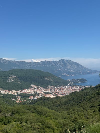 A scenic, high-angle view captures a coastal town nestled between lush green mountains and the Adriatic Sea under a clear blue sky. The town, identified as Podostrog, Montenegro, features densely packed buildings with red-tiled roofs and white facades, indicative of Mediterranean architecture. Buildings are clustered along the coastline and extend up the lower slopes of the mountains.
The foreground is dominated by the dense, green foliage of trees and shrubs, characteristic of a mountainous coastal environment. As the view recedes, the town emerges, with its characteristic urban landscape. Beyond the town, the deep blue waters of the Adriatic Sea stretch out, dotted with a few white specks that could be boats. In the background, a series of majestic mountains rise, their slopes covered in vegetation and their peaks showing rugged, rocky textures. The sky above is a vibrant, cloudless blue, with two faint white contrails suggesting the presence of aircraft in the distance. The overall impression is one of a picturesque and tranquil coastal settlement in a mountainous region.