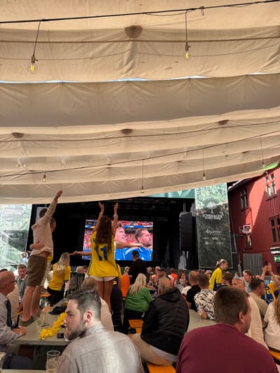 A medium shot captures an outdoor event, likely a summer gathering, in Tønsberg, Norway. The scene is partially covered by a beige fabric canopy, from which incandescent light bulbs hang. In the background, a large screen displays a soccer match with Swedish team colors visible on a player's jersey. Two individuals, a man and a woman, stand on a table in front of the screen, their arms raised in celebration or support. The woman wears a yellow jersey with the number "11" and "BRUEDLIN" on the back. The man is wearing a light pink shirt and beige shorts.

A banner behind them reads "FOYNHA GEN Sommerlig Tønsberg." Below this, logos for "4human," "NORLUX," "MENY," "DNB," and "FRICO" are visible. To the right, a red building with white-trimmed windows stands.

In the foreground, a group of people are seated at picnic tables, facing the screen. Many are wearing casual clothing. The atmosphere appears lively, with people engaged in watching the broadcast and socializing. The tables are covered with various items, including drinks and what appear to be yellow flower decorations. The overall scene suggests a communal viewing of a sporting event in a relaxed, outdoor setting.