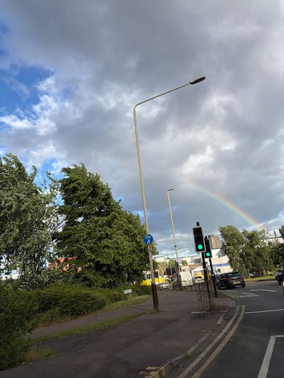 This media file captures a daytime street scene in Leicester, United Kingdom, notable for the presence of a rainbow. The image is oriented vertically (rotated 90 degrees counter-clockwise), showing a sky that transitions from heavy grey clouds in the upper left to patches of blue sky and lighter clouds towards the lower right. A distinct rainbow forms a graceful arc across the central cloudy sky, with its colors clearly visible.
In the foreground, a tall, slender street lamp with a modern, elongated fixture extends diagonally upwards from the lower left. Below it and along the bottom edge, lush green trees and bushes are visible. To the right, a paved road features double yellow lines along its edge, bordering a concrete curb and a paved sidewalk. Green traffic lights are visible further along the road, indicating an active intersection or crossing. A blue circular sign, signifying a shared path for cyclists and pedestrians, is mounted on a pole near the traffic lights. A dark-colored car, possibly a saloon, is visible on the road. In the background, more trees line the street, and various buildings, including some with industrial or commercial appearances, can be seen beyond. A partially obscured white street sign in the lower right corner reads "BLABY RD". The overall lighting suggests a bright, post-rain environment.
