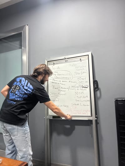 A person, seen from behind, stands in what appears to be an office or meeting room, writing on a mobile whiteboard. The individual has medium-length brown hair and a beard, and is wearing a black t-shirt with blue graphics and light-wash, ripped jeans. Their right arm is extended towards the whiteboard, holding a marker.

The whiteboard is filled with handwritten notes, seemingly a to-do list or project plan, with several items crossed out. Above the whiteboard, a black Midea branded device is mounted on the wall. The walls are a plain light gray. The lighting in the room is artificial.

Visible text on the whiteboard includes: "To-do", "Viernes", "MAPCO", "Alejandro Santos.", "App Capacitación!! (lolva Extra) (Deno Clickeable)!", "Horas Con nomina - Alejandro", "Joterm Area", "Documento de Problemas", "Curza", "mohho", "Carico (Lencha Penda)", "-Bandi- Animación / Rebranding de mascota", "Higsfield", "Chiller Jeneel", "trsom no.9", "33 no.4", "33345", "--DISP Aceite", "Prer/Correctwo", "Solvante 1m extrusom", "lan en DADO. OBA", "Covere", "Jose Manuel (Mario)", "(Gulere llanta Nevu)". Text on the person's t-shirt reads: "RELIGIOUS FREEDOM", "EST. 1989", and "XTRACURRICULAR SUPPLEMENTARY CURRICULA". The device on the wall clearly displays "Midea".