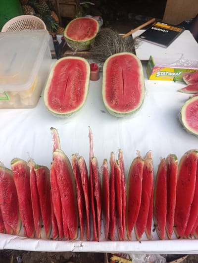 A fruit stall located in Kahawa Wendani ward, Kenya, displays watermelons on a white surface. Three watermelons are cut in half lengthwise, revealing bright red flesh, and are partially wrapped in clear plastic film. One is positioned in the upper center-left, another in the upper center-right, and a third in the upper right background. A long row of approximately 20-25 individual, pre-cut watermelon slices, each wrapped in clear plastic, stands upright along the bottom edge of the image. Small, dark insects are visible on some of the sliced watermelons.
On the white surface, a large clear plastic container with a white lid is on the far left. A small red shaker bottle stands between the two prominent half watermelons. To the right, a black spiral-bound notebook labeled "COUNTER" and a wooden stick or pen are visible. A yellow and green box of "STATWRAP" plastic film is next to the notebook. In the background, bundles of what appear to be pineapples are stacked, along with a woven, fibrous object near the center. The background is dark and indistinct, suggesting an indoor or shaded market environment. No individuals are clearly visible.