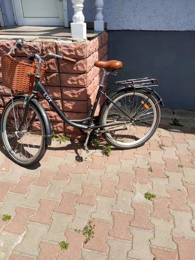 A black "Lux" brand bicycle with a brown wicker basket on the front and a brown leather seat is parked next to a brick pillar and a gray wall. The bicycle has silver spokes and rims, and a black chain guard. The ground is paved with interlocking reddish-brown and gray bricks. Some small green weeds are growing in the gaps between the bricks. The scene is outdoors and appears to be a sunny day. The location is identified as Nosivka, Ukraine.