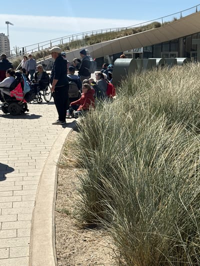 This image depicts an outdoor scene in Middelkerke, Belgium, under bright, sunny conditions. A group of people is gathered on a light-colored paved pathway, which is bordered by a concrete curb and a dense bed of tall, wispy green and brown grasses, characteristic of dune vegetation.
In the foreground and midground, approximately a dozen individuals are visible. Several people are standing, while at least two are in manual wheelchairs. One person wearing a white cap is actively pushing a wheelchair. Another person, dressed in a red jacket, is bending over, seemingly interacting with someone in a wheelchair or looking at the ground. Many members of the group are carrying backpacks, suggesting they are on an outing or excursion. Distinct shadows are cast on the paving stones by the people and the grass, indicating clear skies and strong sunlight.
In the background, a modern architectural structure with a curved, light-colored roof or canopy is visible. This building features glass windows and parts of its upper structure appear to be integrated with greenery. Further in the distance, a construction crane can be seen against the clear blue sky.
The activity suggests a group outing or tour, possibly involving individuals with mobility challenges. The setting appears to be a public promenade or pathway, likely near a coastal area, given the plant life and modern development. The weather is pleasant, conducive to outdoor activities. There is no visible text in the image.