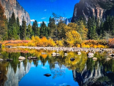 This image depicts a picturesque autumnal landscape. Towering granite cliffs, reminiscent of Yosemite National Park, dominate the background, with one cliff face displaying striated rock formations. In the midground, a dense forest of evergreen trees interspersed with deciduous trees ablaze in vibrant yellow and orange foliage lines the banks of a calm river. The river's surface acts as a mirror, reflecting the cliffs, trees, and a bright blue sky with scattered white clouds. Scattered rocks are visible in the foreground along the riverbed and in the water. The scene is set in a natural environment, far from any urban setting, and there are no people or structures visible. There is no identifiable connection to the city of Ellwangen, Germany, as the scenery is characteristic of a mountainous national park.
