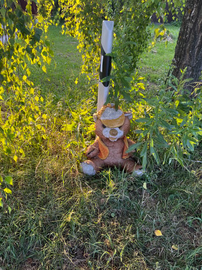 A stuffed toy animal, resembling a deer or a dog with brown fur and large, cartoonish eyes, lies on its side in overgrown green grass. Its head is turned towards the viewer, with one eye clearly visible. The toy is partially obscured by green foliage and tall grass. To the left of the toy, a portion of a tree trunk with rough bark is visible, and beyond that, a blurred green lawn stretches into the background. In the lower left corner, a metal object with a black and silver casing, possibly a camera or a light fixture, is partially visible, extending horizontally across the frame. The scene appears to be outdoors, likely in a yard or park, with the soft lighting suggesting it is either early morning or late afternoon, with the sun casting long shadows and highlighting the leaves with a warm glow. The overall mood is somewhat melancholic, with the abandoned toy juxtaposed against the natural setting. No visible text is present in the image.