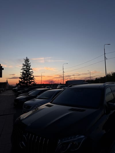 The image depicts a row of dark-colored Mercedes-Benz vehicles parked along a sidewalk in Молодёжный, Russia. A tall pine tree stands near the parked cars, silhouetted against the sky, which is transitioning from blue to orange and red hues of sunset. Streetlights line the road beyond the tree. The setting suggests a dealership or a parking area near a city street.