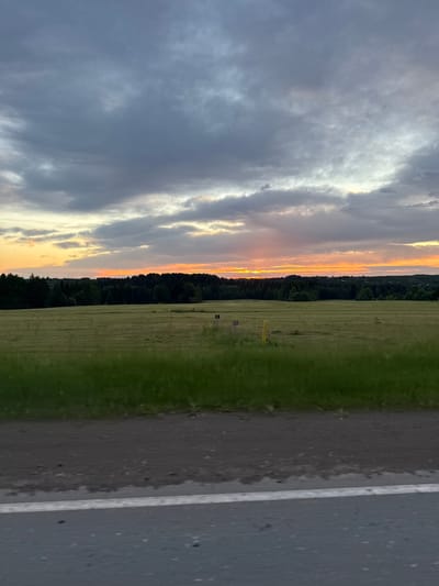 The image depicts a rural landscape at dusk, with a field of grass in the foreground and a dense forest line in the background. The sky is filled with dramatic clouds, transitioning from dark gray at the top to hues of orange and yellow near the horizon, suggesting a sunset or sunrise. Two small, dark rectangular objects are visible in the field, along with a yellow post. A paved road with a white line runs along the bottom edge of the image. The location is identified as Забегалово, Russia.