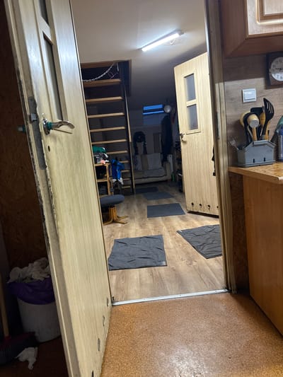 The image depicts an interior scene of what appears to be a residential dwelling. The foreground is dominated by a light-colored wooden door, partially open, revealing a hallway or living space beyond. The floor in the foreground is a textured, light brown material, possibly cork.
The hallway visible through the open door features a wooden floor with a visible grain. Several dark grey rectangular mats are laid out on the floor, spaced evenly. To the left, a set of wooden stairs leads upwards, with a metal chain attached near the top. A dark blue chair with a black cushion and wooden legs is positioned near the stairs. Shelving units are visible against the wall to the left of the stairs, holding various items.
In the background, through another doorway, a section of a kitchen area is visible on the right. This includes a wooden countertop, cabinetry, and various kitchen utensils in a holder. A clock with Roman numerals is mounted on the wall above the countertop. A light fixture is visible on the ceiling in the hallway.
A white trash can with a purple liner, containing white refuse, is situated in the lower left corner of the image, near a broom. The overall impression is a lived-in, somewhat cluttered interior space. There are no people visible in the image. The context provided about Wąwelnica, Poland, suggests this is an indoor scene within a residence in that location.