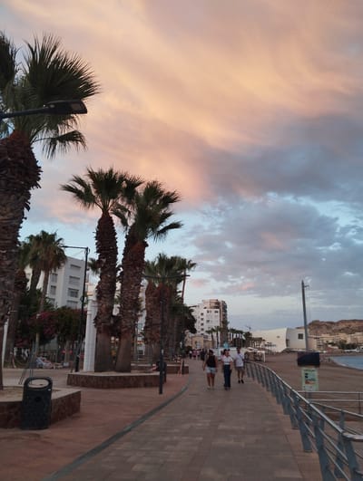 A vertical, eye-level shot captures a sunset scene on a promenade in Águilas, Spain. The sky is filled with streaks of pink and orange clouds mixed with grey, creating a dramatic backdrop. In the foreground, a paved walkway lined with palm trees leads towards buildings and the sea. Several people are walking along the promenade. A dark trash can is visible on the left side of the walkway, and a metal railing separates the promenade from a sandy beach and the calm sea on the right. Buildings of various sizes, including a tall white one, are situated behind the palm trees. The overall atmosphere is tranquil, suggesting the end of a day in a coastal city.
