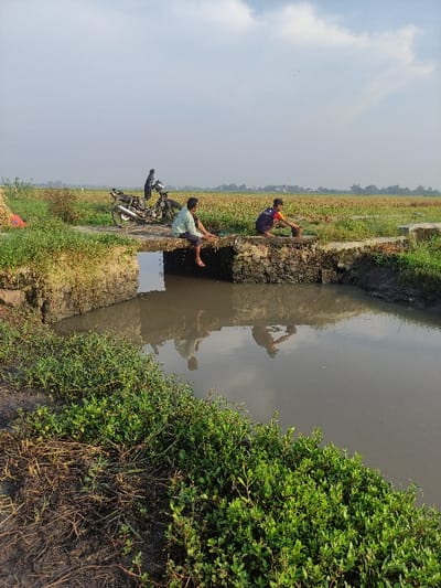 The image shows a scene in Wonoayu, Indonesia (latitude: -7.413, longitude: 112.651). Three men are sitting on a concrete bridge over a narrow canal. The canal is filled with murky water, and the banks are covered in dense, green vegetation. A motorcycle is parked on the bridge. The men are looking towards the water, and it is unclear what they are doing. The scene is bright and sunny, and the sky is mostly clear. The vegetation on the banks of the canal is thick and lush.