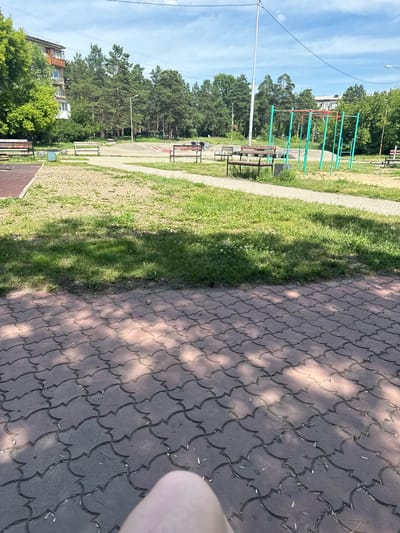 The image shows an outdoor public space in Angarsk, Russia, featuring a playground and a small skate park. In the foreground, a tiled walkway is visible, with dappled sunlight casting shadows. Beyond the walkway, a grassy area with scattered debris leads to the playground equipment, which includes several benches and a set of green and red monkey bars. Further back, a concrete skate park with ramps is situated amongst a stand of tall pine trees. An apartment building is visible to the left, and other residential buildings are present in the background. The sky is partly cloudy. A small portion of a person's leg is in the bottom right corner of the frame.