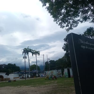 The image depicts an outdoor scene in El Limón, Venezuela, with a predominantly overcast sky. In the foreground, a dark, rectangular monument or sign is visible on the right side, featuring white text that reads, "Un pueblo ignorante ciego de su propio..." which translates to "An ignorant people blind to their own...". To the left, a grassy area leads to a low-lying white building with a blue roof, identified by signage as "ESTACIÓN POLICIAL / DIARIO BRICEÑO". Several palm trees stand in the midground, along with utility poles and power lines. Further left, a white pickup truck and a police vehicle are parked. The background shows a line of trees and distant mountains. The ground is covered in grass, with some colorful, worn tires arranged in the middle distance.