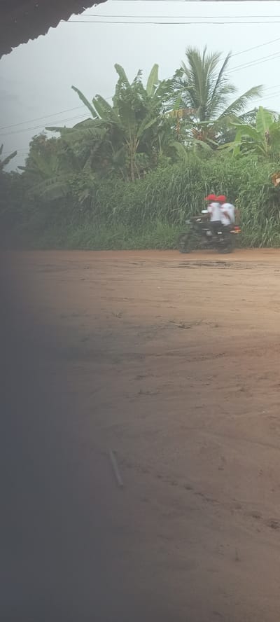 The image depicts a dirt road scene in Amauzu, Nigeria. Lush green vegetation, including banana and palm trees, lines the side of the road. In the distance, two individuals wearing red head coverings are riding a motorcycle on the road. The foreground of the image is blurred and darker, gradually lightening as it recedes towards the motorcycle and the vegetation. Overhead wires are visible against the sky.