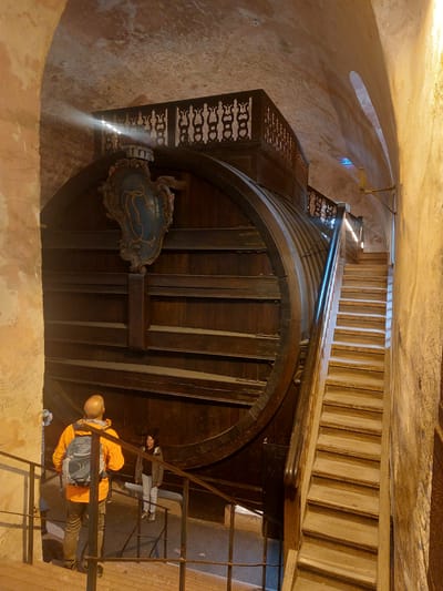 The image depicts the interior of a cellar with a very large wooden barrel and a wooden staircase. A man wearing an orange jacket and a backpack is descending the stairs, facing away from the camera. A woman in a grey jacket and jeans is standing at the bottom of the stairs, looking towards the barrel. The barrel is a prominent feature, taking up a significant portion of the frame. The cellar walls are made of rough stone or plaster. The lighting appears to be artificial, with some natural light filtering in from above, creating beams that illuminate the scene. This scene is located in Heidelberg, Germany, specifically within the Heidelberg Castle's wine cellar, known for housing the Heidelberg Giant Wine Barrel.
