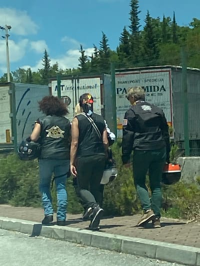 Three individuals, two men and one woman, are captured in a medium shot walking from left to right on a paved walkway bordering a road. They are positioned in front of large, corrugated metal shipping containers, some of which bear faded lettering. The sky above is a bright blue with scattered white clouds, and a line of green trees forms the background.

The woman on the left, with dark, curly hair, wears a black leather vest with a patch on the back and blue jeans. She carries a black motorcycle helmet in her left hand. The man in the center, wearing a black sleeveless shirt and dark pants, has a colorful bandana around his head. He is partially obscured by the woman to his left and the man to his right. The man on the right, with short blond hair, is dressed in a black jacket and dark green pants. He carries an orange and black motorcycle helmet in his right hand. His jacket features patches on the back and arm. The individuals appear to be moving away from the camera.

The scene is likely located in Palje Brdo, Croatia, given the context. The environment suggests a sunny day, possibly near a logistics or transportation hub, indicated by the presence of shipping containers. The presence of motorcycle helmets and vests points towards them being motorcycle enthusiasts.
