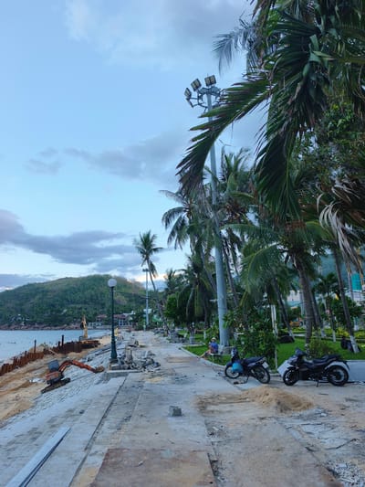 The image captures a scene along the coastline of Quy Nhon City, Vietnam, likely during the late afternoon or early evening, given the soft lighting and the presence of streetlights. The foreground is dominated by a construction area on a newly reinforced seawall or promenade. Construction materials, including sand piles, concrete slabs, and possibly rebar, are scattered across the walkway. An excavator is actively working on the sandy beach area, with a temporary retaining wall of metal sheeting in place.

A paved walkway runs parallel to the beach, lined with numerous palm trees. Two motorcycles are parked on the walkway. In the distance, a lush, green hill slopes down towards the sea, dotted with buildings and vegetation. The sea itself is visible, with a few people swimming or wading near the shore. Further along the walkway, there are benches where a few individuals are seated. A prominent lamppost with multiple light fixtures stands tall among the palm trees, suggesting this is a public area. The sky is partly cloudy with a light blue hue.