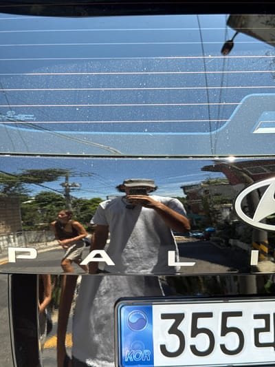 The image is a vertical, close-up photograph capturing a detailed reflection on the dark, glossy rear surface of a black Hyundai Palisade SUV. The vehicle's rear window, covered in fine dust and showing horizontal defroster lines, occupies the upper portion. Below the window, the "PALISADE" lettering is partially visible, alongside the Hyundai logo on the right side of the tailgate.
The polished tailgate clearly reflects an outdoor scene and two individuals. One individual, positioned centrally, is a photographer holding a smartphone to capture the reflection. This person wears a light-colored short-sleeved shirt and a dark hat that partially obscures their face. To their left, a second individual is reflected, appearing to be a female wearing a dark top and light-colored shorts, depicted in a standing or walking posture with her head turned to the left.
The reflected background environment features a clear blue sky, green trees, utility poles with overhead wires, and multi-story residential or commercial buildings. The scene appears brightly lit by direct sunlight, indicating a daytime setting. At the bottom of the tailgate, a South Korean license plate is visible, showing "KOR" and the partial number "355" with a Korean character. Based on the license plate and the prompt's information, the location is identified as a street scene in Jongno-gu, South Korea.