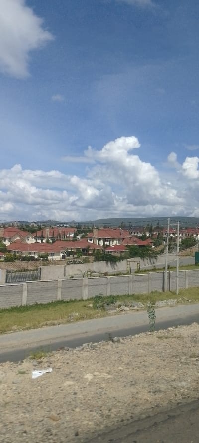 The image displays a daytime outdoor scene located in Kinanie ward, Kenya. The upper two-thirds of the frame features a bright blue sky dotted with scattered white cumulus clouds of varying sizes. The foreground consists of a light brown, gravelly dirt verge alongside a two-lane asphalt road, which runs horizontally across the lower portion of the image. A small sapling with green leaves stands upright on the verge to the right, and a piece of white litter lies on the dirt near the bottom left.

In the midground, a substantial grey concrete block wall, supported by vertical concrete pillars, forms a barrier separating the road from the properties beyond. Behind this wall, verdant green grass and dense vegetation are visible, along with a darker, possibly metal, gate partially obscured on the left. Utility poles with overhead wires extend vertically upwards along the right side of the image.

The background reveals a residential area composed of numerous houses, characterized by light-colored walls (predominantly white or beige) and distinct reddish-orange tiled roofs. The houses appear to be part of a planned development, featuring multiple stories and some architectural details like chimneys. Green landscaping and trees are interspersed between the dwellings. A line of distant, hazy hills or low mountains defines the far horizon. No individuals, specific actions, or interactions are discernible within the frame.
