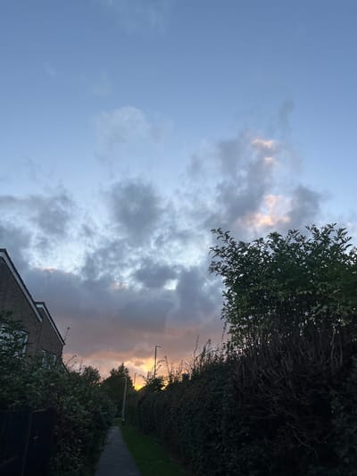 The image displays a paved pedestrian pathway within a residential area of Stevenage, United Kingdom, captured during either dusk or dawn. The sky dominates the upper portion, featuring a gradient from clear pale blue at the zenith to a darker, heavily clouded horizon. Cumulonimbus clouds, predominantly grey and purplish, are visible, with patches of bright orange and yellow light indicating the position of the sun below the horizon.
The pathway, constructed of dark grey paving stones, extends from the foreground into the mid-ground, subtly curving towards the left. It is bordered on both sides by dense, overgrown hedges of dark green foliage. On the left side, partially visible behind the hedge, stands a brick-built residential property with a dark-tiled, pitched roof and at least two white-framed windows. A dark, low fence post is discernible in the bottom-left foreground, marking the boundary of the property. On the right, the hedge line is particularly thick and tall.
Two streetlights are positioned along the pathway in the mid-ground; the second streetlight is illuminated, casting a distinct yellow glow against the darkening sky and foliage. No individuals are present, and no specific actions or interactions are depicted. The ground immediately adjacent to the path is covered with short green grass.
